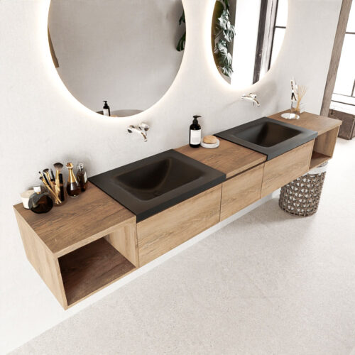 MONDIAZ BUKLA 240cm mueble de baño con módulo abierto 40 izquierda + derecho Washed Oak 3 cajones. Lavabo CLOUD duble sin orificios color Urban