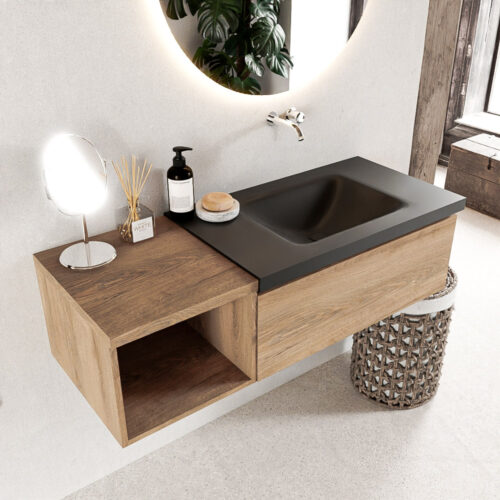 MONDIAZ BUKLA 120cm mueble de baño con módulo abierto 40 Washed Oak 1 cajón. Lavabo CLOUD derecho sin orificios color Urban