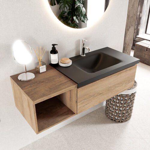 MONDIAZ BUKLA 120cm mueble de baño con módulo abierto 40 Washed Oak 1 cajón. Lavabo CLOUD derecho 1 orificio color Urban