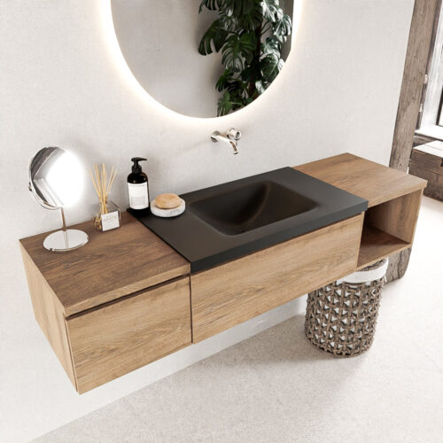 MONDIAZ BUKLA 160cm mueble de baño con módulo abierto 40 derecho Washed Oak 2 cajones. Lavabo CLOUD centro sin orificios color Urban