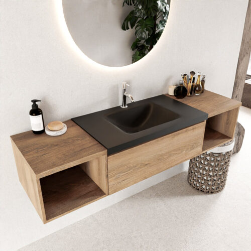 MONDIAZ BUKLA 160cm mueble de baño con módulo abierto 40 izquierda + derecho Washed Oak 1 cajón. Lavabo CLOUD centro 1 orificio color Urban