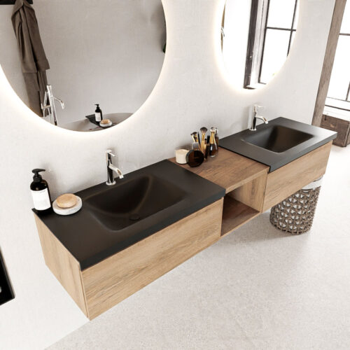 MONDIAZ BUKLA 200cm mueble de baño con módulo abierto 40 Washed Oak 2 cajones. Lavabo CLOUD duble 2 orificios color Urban