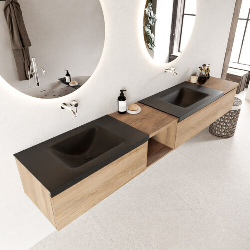 MONDIAZ BUKLA 240cm mueble de baño con módulo abierto 40 izquierda Washed Oak 3 cajones. Lavabo CLOUD duble sin orificios color Urban