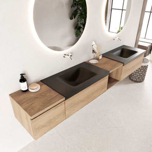 MONDIAZ BUKLA 240cm mueble de baño con módulo abierto 40 derecho Washed Oak 3 cajones. Lavabo CLOUD duble sin orificios color Urban