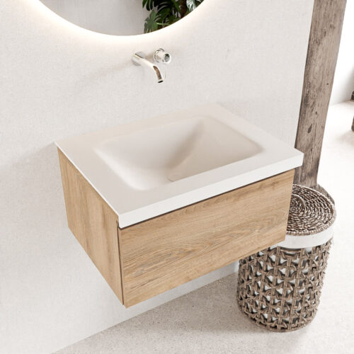 MONDIAZ BUKLA 60cm mueble de baño Washed Oak 1 cajón. Lavabo CLOUD centro sin orificios color Talc