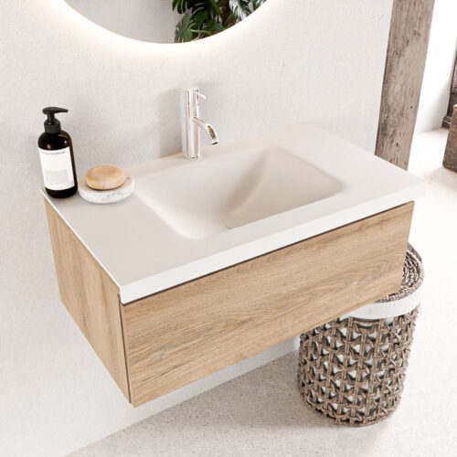 MONDIAZ BUKLA 80cm mueble de baño Washed Oak 1 cajón. Lavabo CLOUD centro 1 orificio color Talc