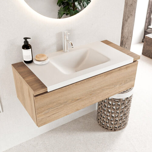 MONDIAZ BUKLA 100cm mueble de baño Washed Oak 1 cajón. Lavabo CLOUD centro 1 orificio color Talc