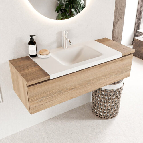 MONDIAZ BUKLA 120cm mueble de baño Washed Oak 1 cajón. Lavabo CLOUD centro 1 orificio color Talc