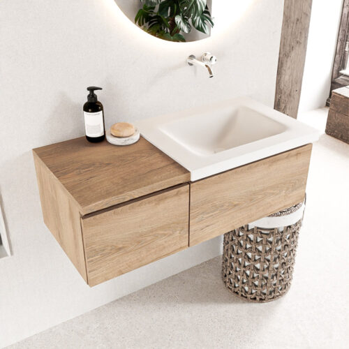 MONDIAZ BUKLA 100cm mueble de baño con módulo 40 Washed Oak 2 cajones. Lavabo CLOUD derecho sin orificios color Talc