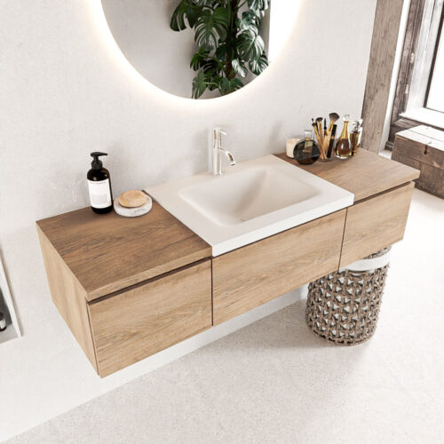 MONDIAZ BUKLA 140cm mueble de baño con módulo 40 Washed Oak 3 cajones. Lavabo CLOUD centro 1 orificio color Talc