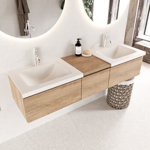 MONDIAZ BUKLA 160cm mueble de baño con módulo 40 Washed Oak 3 cajones. Lavabo CLOUD duble 2 orificios color Talc