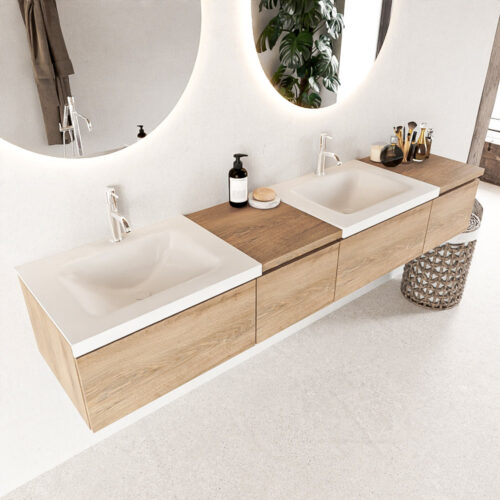 MONDIAZ BUKLA 200cm mueble de baño con módulo 40 izquierda Washed Oak 4 cajones. Lavabo CLOUD duble 2 orificios color Talc