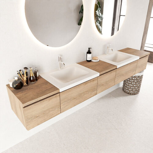 MONDIAZ BUKLA 240cm mueble de baño con módulo 40 Washed Oak 5 cajones. Lavabo CLOUD duble 2 orificios color Talc