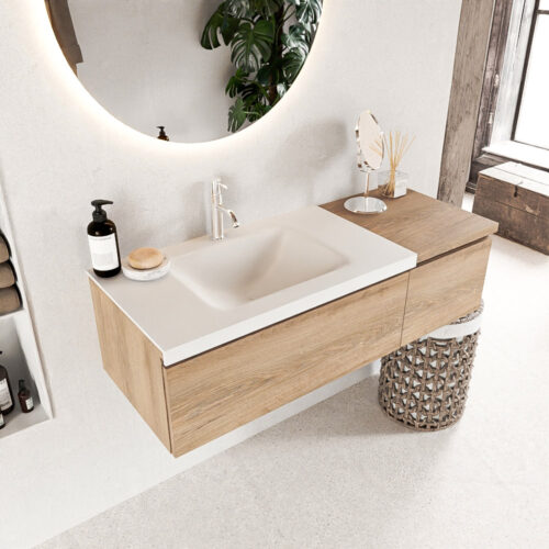 MONDIAZ BUKLA 120cm mueble de baño con módulo 40 Washed Oak 2 cajones. Lavabo CLOUD izquierda 1 orificio color Talc