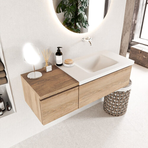 MONDIAZ BUKLA 120cm mueble de baño con módulo 40 Washed Oak 2 cajones. Lavabo CLOUD derecho sin orificios color Talc