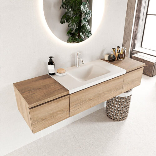 MONDIAZ BUKLA 160cm mueble de baño con módulo 40 Washed Oak 3 cajones. Lavabo CLOUD centro 1 orificio color Talc