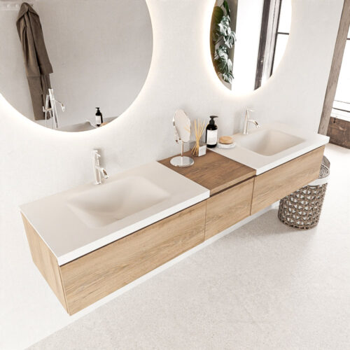 MONDIAZ BUKLA 200cm mueble de baño con módulo 40 Washed Oak 3 cajones. Lavabo CLOUD duble 2 orificios color Talc