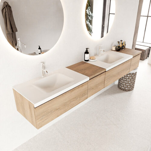 MONDIAZ BUKLA 240cm mueble de baño con módulo 40 izquierda Washed Oak 4 cajones. Lavabo CLOUD duble 2 orificios color Talc