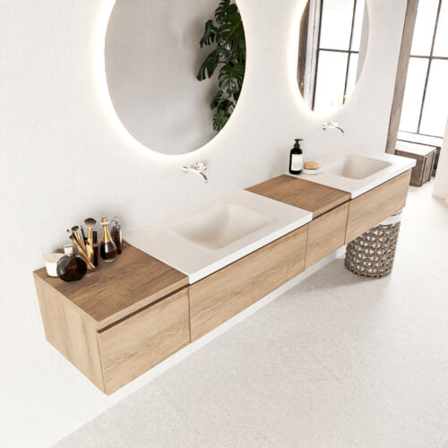 MONDIAZ BUKLA 240cm mueble de baño con módulo 40 derecho Washed Oak 4 cajones. Lavabo CLOUD duble sin orificios color Talc