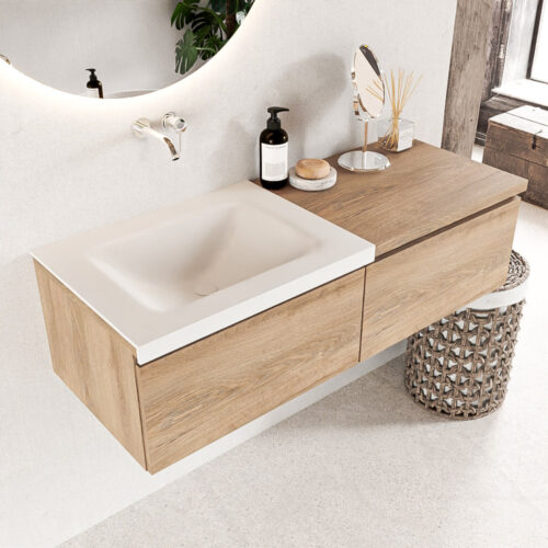 MONDIAZ BUKLA 120cm mueble de baño con módulo 60 Washed Oak 2 cajones. Lavabo CLOUD izquierda sin orificios color Talc