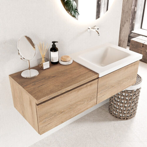 MONDIAZ BUKLA 120cm mueble de baño con módulo 60 Washed Oak 2 cajones. Lavabo CLOUD derecho sin orificios color Talc