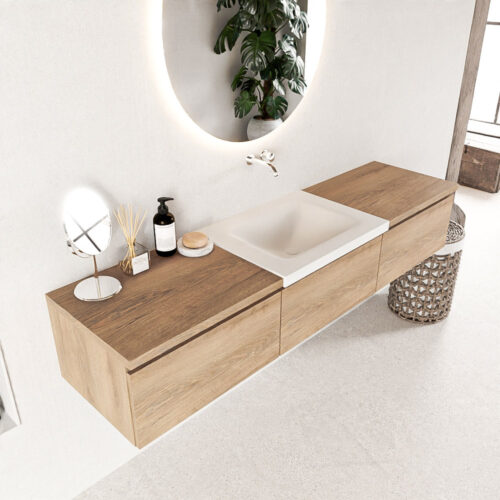 MONDIAZ BUKLA 180cm mueble de baño con módulo 60 Washed Oak 3 cajones. Lavabo CLOUD centro sin orificios color Talc