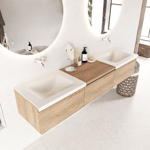 MONDIAZ BUKLA 180cm mueble de baño con módulo 60 Washed Oak 3 cajones. Lavabo CLOUD duble sin orificios color Talc