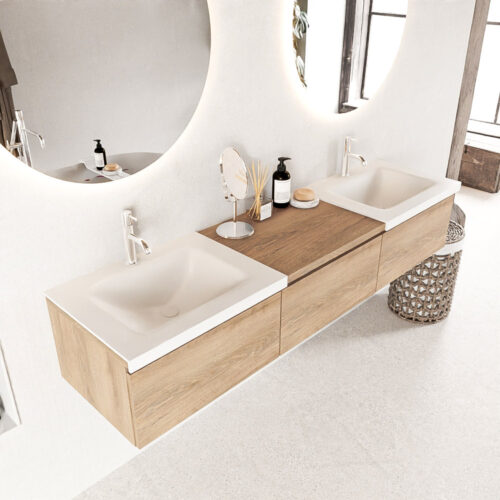 MONDIAZ BUKLA 180cm mueble de baño con módulo 60 Washed Oak 3 cajones. Lavabo CLOUD duble 2 orificios color Talc