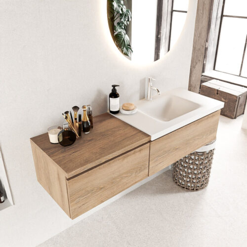 MONDIAZ BUKLA 140cm mueble de baño con módulo 60 Washed Oak 2 cajones. Lavabo CLOUD derecho 1 orificio color Talc