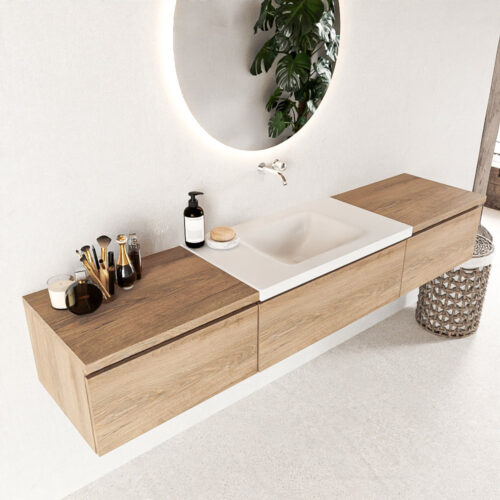 MONDIAZ BUKLA 200cm mueble de baño con módulo 60 Washed Oak 3 cajones. Lavabo CLOUD centro sin orificios color Talc