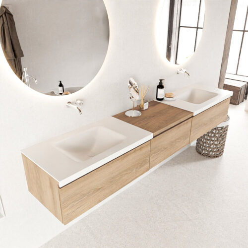 MONDIAZ BUKLA 220cm mueble de baño con módulo 60 Washed Oak 3 cajones. Lavabo CLOUD duble sin orificios color Talc