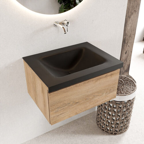 MONDIAZ BUKLA 60cm mueble de baño Washed Oak 1 cajón. Lavabo CLOUD centro sin orificios color Urban