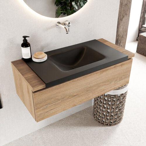 MONDIAZ BUKLA 100cm mueble de baño Washed Oak 1 cajón. Lavabo CLOUD centro sin orificios color Urban