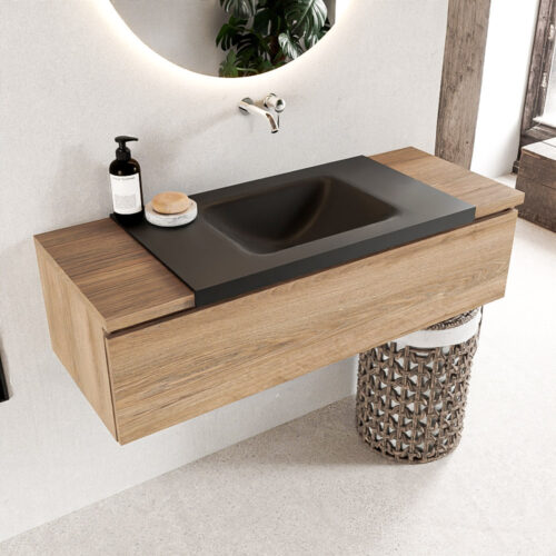 MONDIAZ BUKLA 120cm mueble de baño Washed Oak 1 cajón. Lavabo CLOUD centro sin orificios color Urban