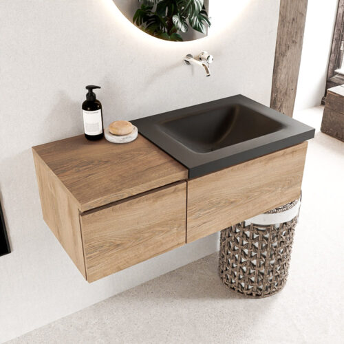 MONDIAZ BUKLA 100cm mueble de baño con módulo 40 Washed Oak 2 cajones. Lavabo CLOUD derecho sin orificios color Urban