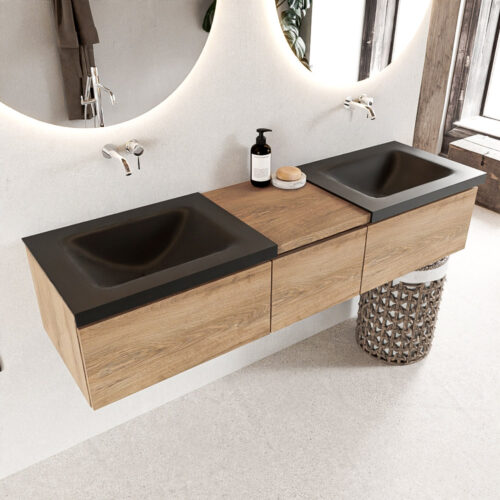 MONDIAZ BUKLA 160cm mueble de baño con módulo 40 Washed Oak 3 cajones. Lavabo CLOUD duble sin orificios color Urban