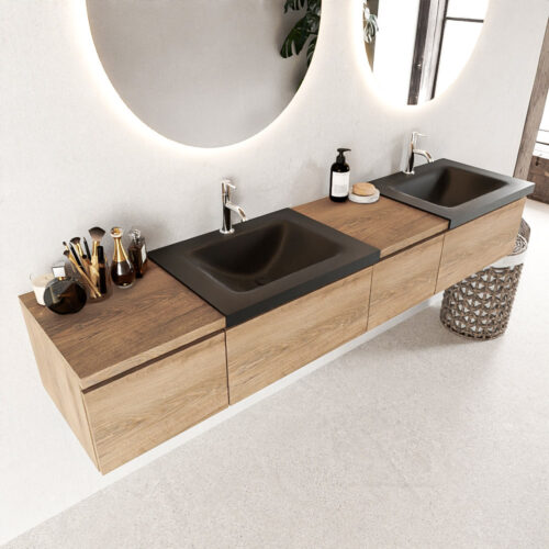 MONDIAZ BUKLA 200cm mueble de baño con módulo 40 derecho Washed Oak 4 cajones. Lavabo CLOUD duble 2 orificios color Urban