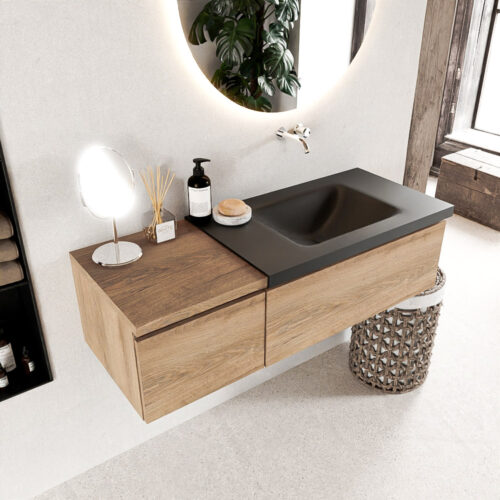 MONDIAZ BUKLA 120cm mueble de baño con módulo 40 Washed Oak 2 cajones. Lavabo CLOUD derecho sin orificios color Urban