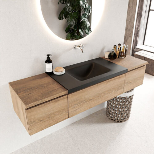 MONDIAZ BUKLA 160cm mueble de baño con módulo 40 Washed Oak 3 cajones. Lavabo CLOUD centro sin orificios color Urban