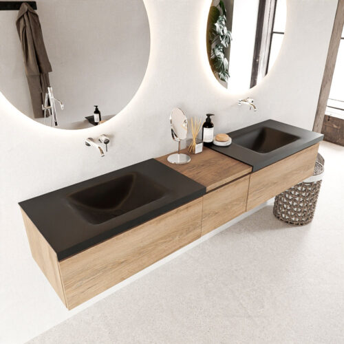 MONDIAZ BUKLA 200cm mueble de baño con módulo 40 Washed Oak 3 cajones. Lavabo CLOUD duble sin orificios color Urban