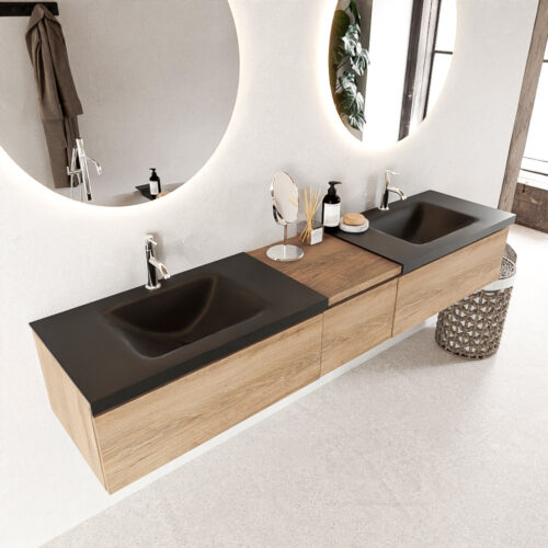 MONDIAZ BUKLA 200cm mueble de baño con módulo 40 Washed Oak 3 cajones. Lavabo CLOUD duble 2 orificios color Urban