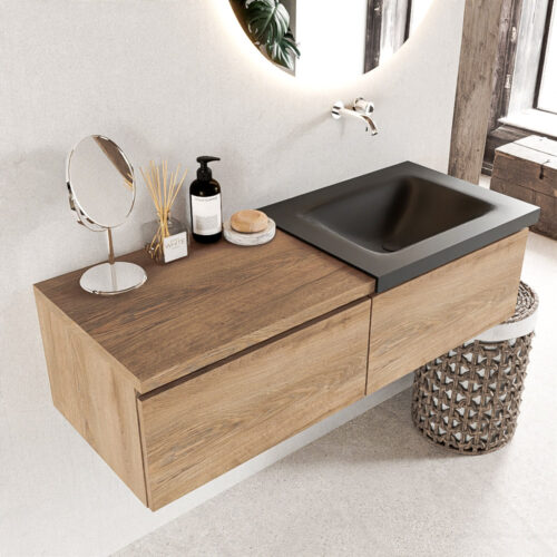 MONDIAZ BUKLA 120cm mueble de baño con módulo 60 Washed Oak 2 cajones. Lavabo CLOUD derecho sin orificios color Urban