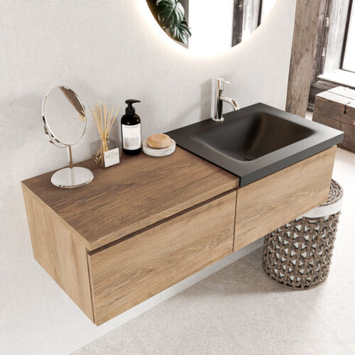 MONDIAZ BUKLA 120cm mueble de baño con módulo 60 Washed Oak 2 cajones. Lavabo CLOUD derecho 1 orificio color Urban