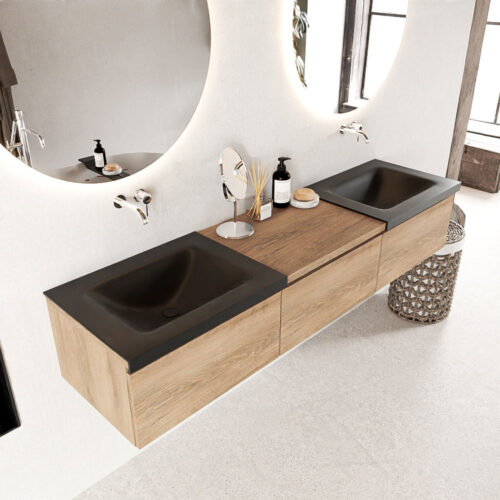 MONDIAZ BUKLA 180cm mueble de baño con módulo 60 Washed Oak 3 cajones. Lavabo CLOUD duble sin orificios color Urban