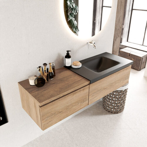 MONDIAZ BUKLA 140cm mueble de baño con módulo 60 Washed Oak 2 cajones. Lavabo CLOUD derecho sin orificios color Urban