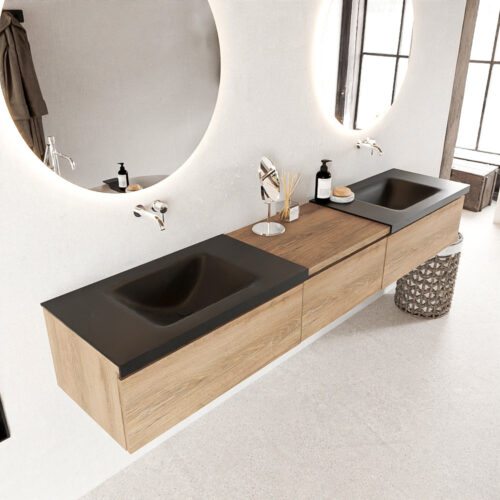 MONDIAZ BUKLA 220cm mueble de baño con módulo 60 Washed Oak 3 cajones. Lavabo CLOUD duble sin orificios color Urban