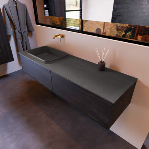 MONDIAZ ERIN 150cm mueble de baño color Antracite 2 cajones. Lavabo RIDGE Izquierda sin orificio color Dark Grey.