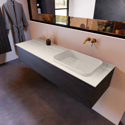 MONDIAZ ERIN 150cm mueble de baño color Antracite 1 cajón. Lavabo RIDGE Derecho sin orificio color Linen.