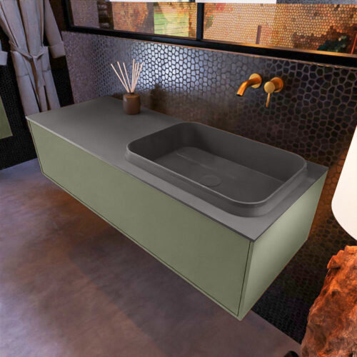 MONDIAZ ERIN 120cm mueble de baño color Army 1 cajón. Lavabo RIDGE Derecho sin orificio color Dark Grey.