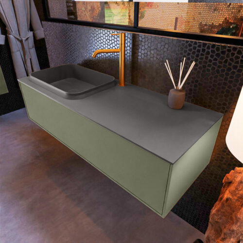 MONDIAZ ERIN 120cm mueble de baño color Army 1 cajón. Lavabo RIDGE Izquierda 1 orificio color Dark Grey.